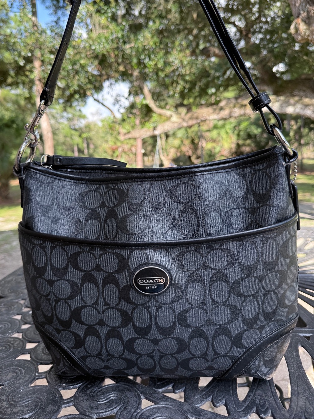 COACH Peyton Signature Coated Canvas Convertible Hobo Bag Black Grey